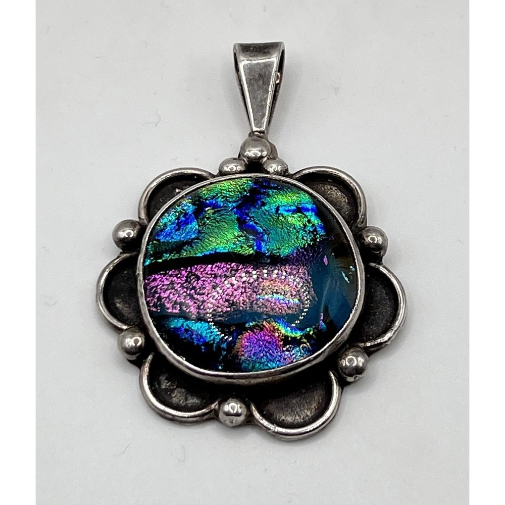 Southwestern Silver 925 Dichroic Glass Flower Pendant Santa Fe "B" Stamp 20gr